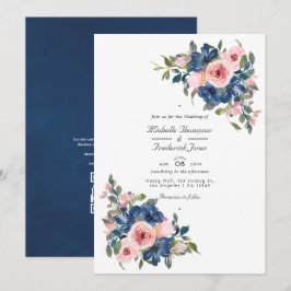 Vattenfärg Navy och Blush Blommig QR-kod Bröllop Inbjudningar