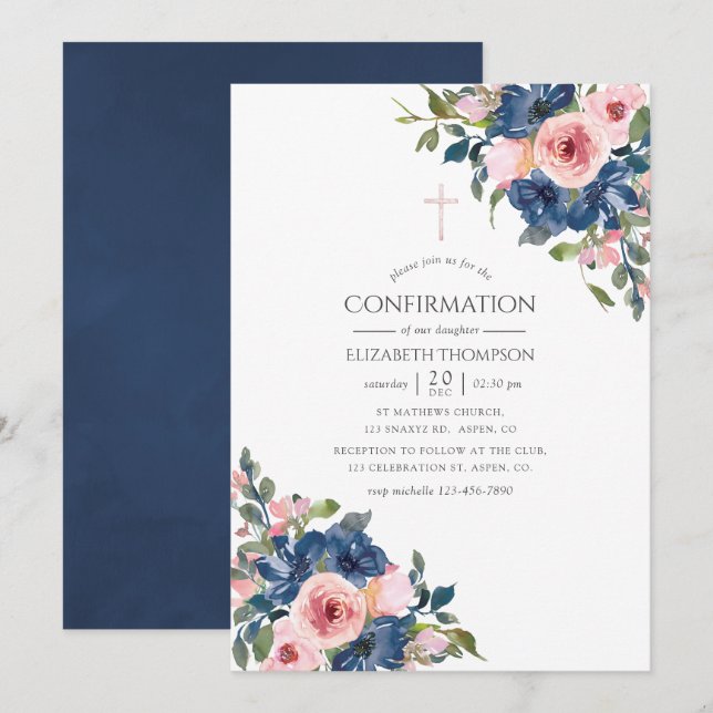 Vattenfärg Navy och Rosafärgad Blommig Konfirmatio Inbjudningar (Fram/baksida)