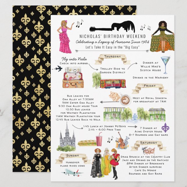 Vattenfärg New Orleans Födelsdagshelg Itinerary Inbjudningar (Fram/baksida)