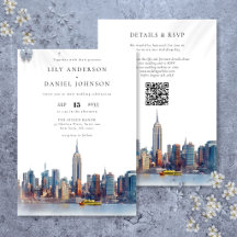 Vattenfärg New York Skyline QR-kod Bröllop