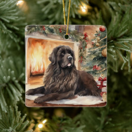 Vattenfärg Newfoundland - Julafton Scene 2 Julgransprydnad Keramik