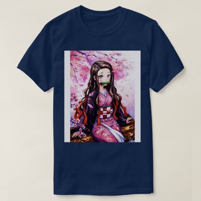 Vattenfärg Nezuko under Sakura Träd Demon Sayer F T Shirt (Design framsida)