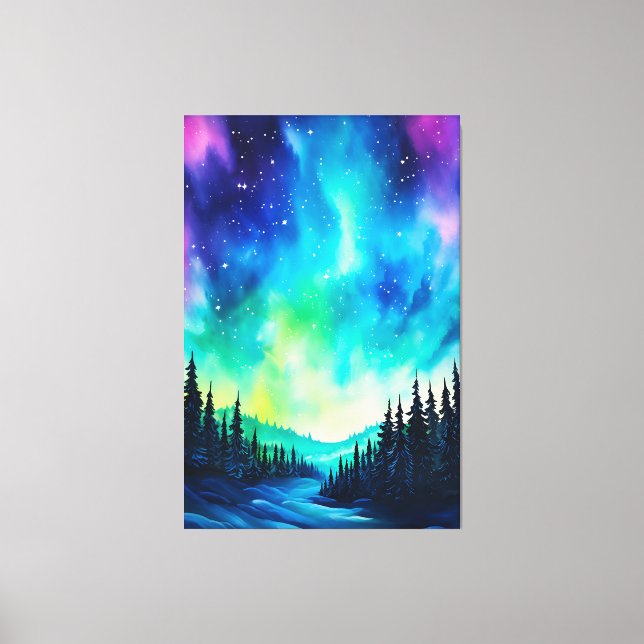 Vattenfärg Norrsken aurora borealis  Canvastryck (Framsida)