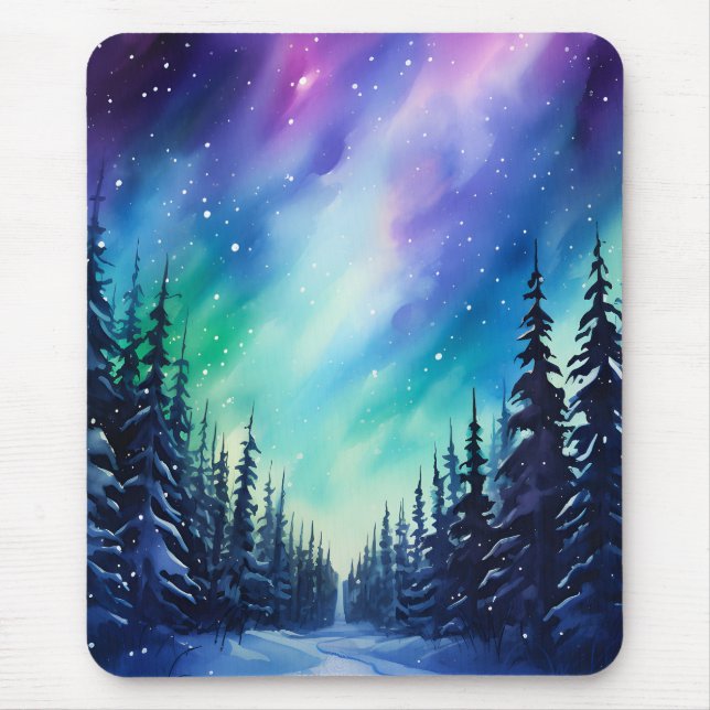 Vattenfärg Norrsken aurora borealis  Musmatta (Framsidan)