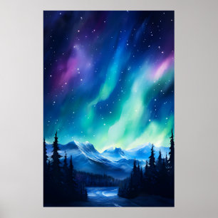 Vattenfärg Norrsken aurora borealis Poster