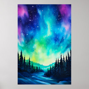 Vattenfärg Norrsken aurora borealis Poster