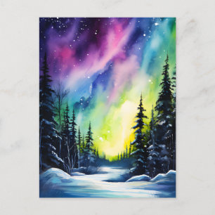 Vattenfärg Norrsken aurora borealis Vykort