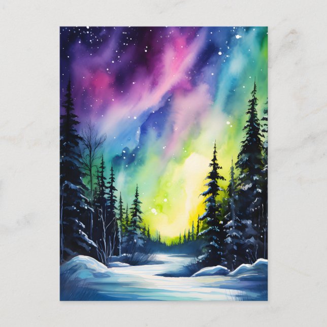 Vattenfärg Norrsken aurora borealis  Vykort (Framsida)