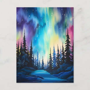Vattenfärg Norrsken aurora borealis Vykort