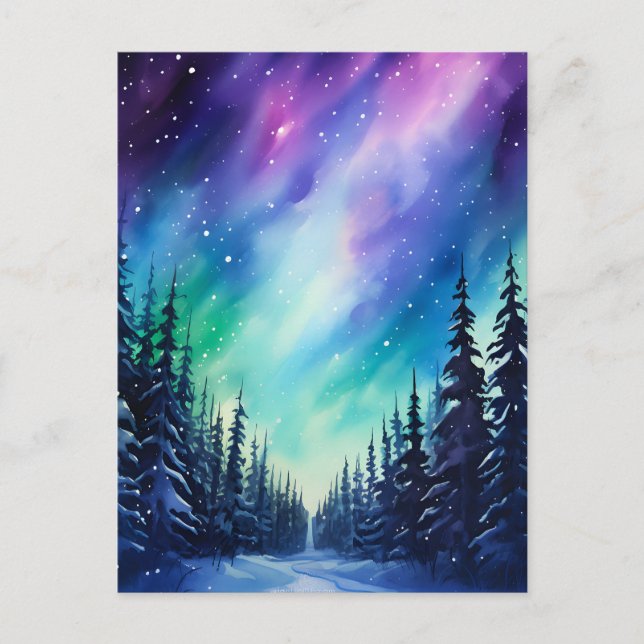 Vattenfärg Norrsken aurora borealis  Vykort (Framsida)