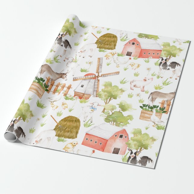 Vattenfärg Nursery Farm Land Animals Presentpapper (Utrullad)