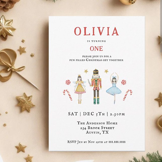 Vattenfärg Nutcracker jul Jul 1:a födelsedag Inbjudningar (Skapare uppladdad)
