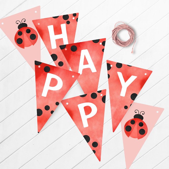 Vattenfärg Nyckelpiga Glad Födelsedag Banner Vimplar (Ladybug Happy Birthday Hanging Banner in Red, Black, White and Salmon Pink)