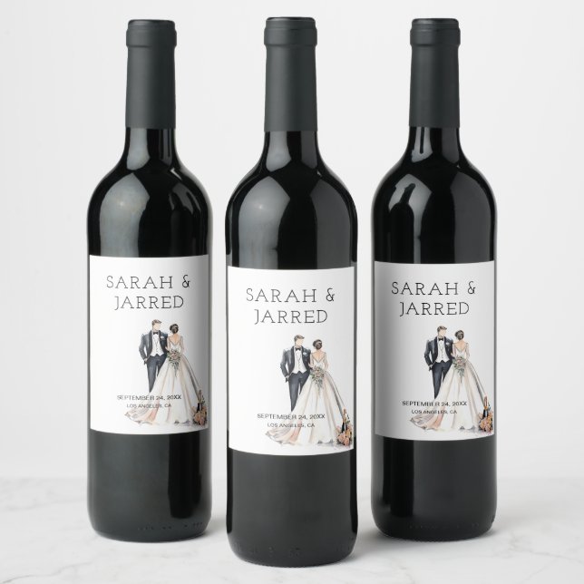 Vattenfärg Nygifta Bröllop Vinflaska Etikett (Flaskor)
