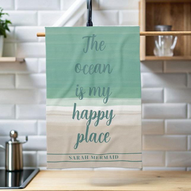 Vattenfärg Ocean Beach Yoga Studio Kitchen Towel Kökshandduk (If the ocean is your happy place, add your name to this coastal kitchen towel)