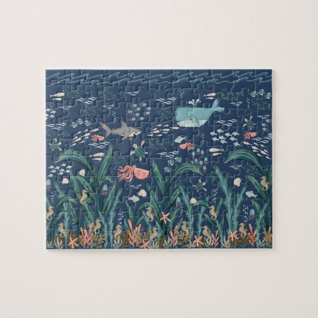 Vattenfärg Ocean Kelp Forest Seek och Find Art Art Pussel (Horisontell)
