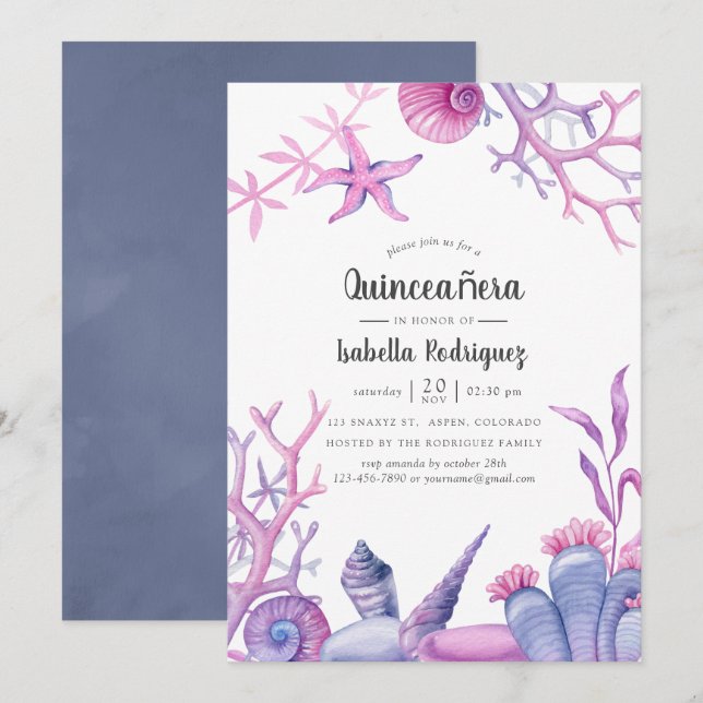 Vattenfärg Ocean Life Quinceañera Inbjudningar (Fram/baksida)