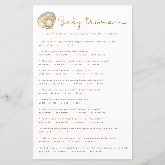 Vattenfärg Ocean Little Pearl Baby Shower Game Hon (Framsida)