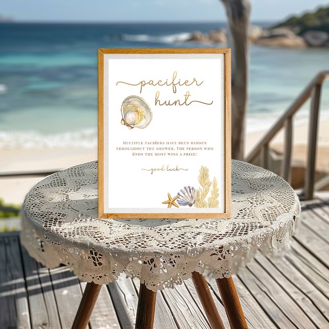 Vattenfärg Ocean Little Pearl Baby Shower Game Sig (Pacifier Hunt Baby Shower Game Sign)