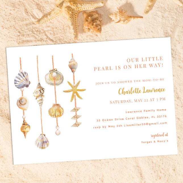 Vattenfärg Ocean Little Pearl Baby Shower Inbjudningar (Summer Baby Shower - Little Pearl)