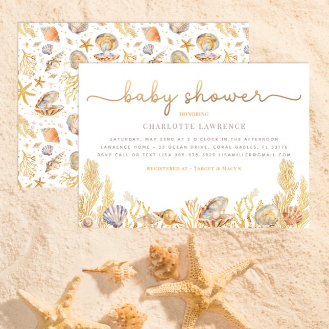 Vattenfärg Ocean Little Pearl Baby Shower Inbjudningar (Beach Baby Shower Invitation)
