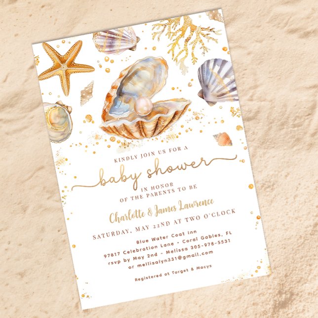 Vattenfärg Ocean Little Pearl Baby Shower Inbjudningar (Golden Summer Baby Shower)