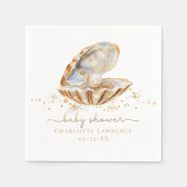 Vattenfärg Ocean Little Pearl Baby Shower Napkins Pappersservett (Framsidan)