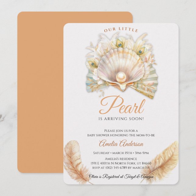 Vattenfärg Ocean Little pearl Seashell Baby Shower Inbjudningar (Fram/baksida)