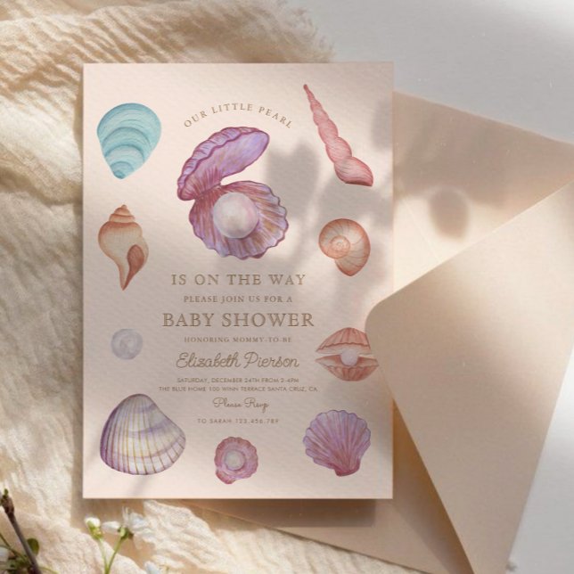 Vattenfärg Ocean Little pearl Seashell Baby Shower Inbjudningar (Skapare uppladdad)