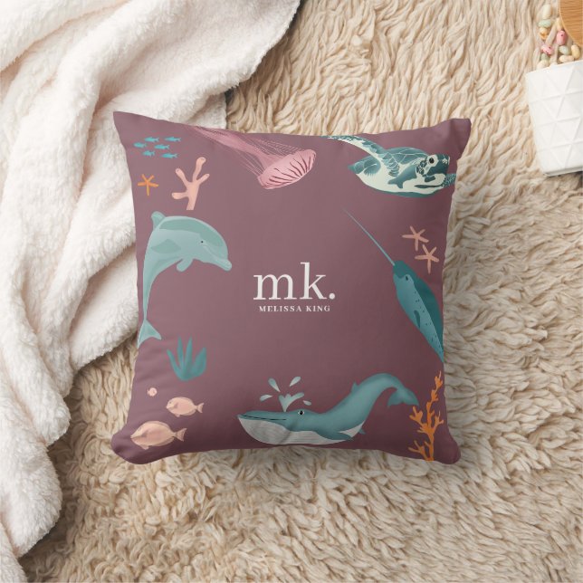 Vattenfärg Ocean Sea Animals Monogram Dusty Rosa Kudde (Filt)