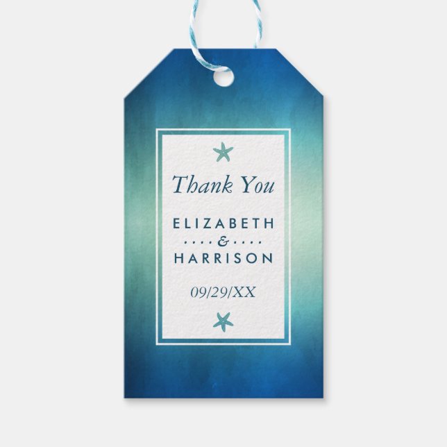 Vattenfärg Ocean Starfish Beach Wedding Tack Presentetikett (Framsidan)