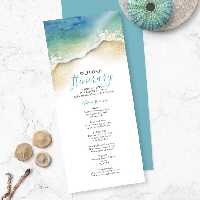Vattenfärg Ocean Strand Bröllop Weekend Itinerary (Wedding welcome itinerary watercolor seashore art by Victoria Grigaliunas of Do Tell A Belle)