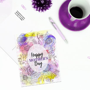 Vattenfärg och Bläck Blommigt Line Art Mors dag Vykort
