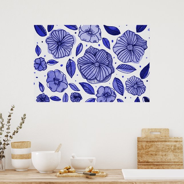 Vattenfärg och bläck-blommor - blå palett poster (Kök)