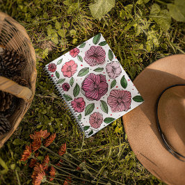 Vattenfärg och bläck-blommor - rosa och grönt anteckningsbok med spiral