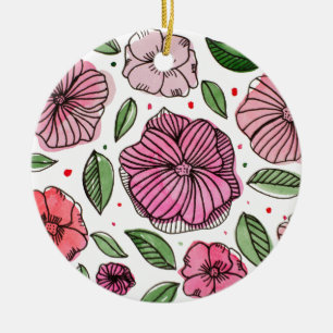 Vattenfärg och bläck-blommor - rosa och grönt julgransprydnad keramik