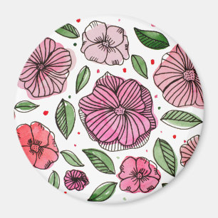 Vattenfärg och bläck-blommor - rosa och grönt magnet