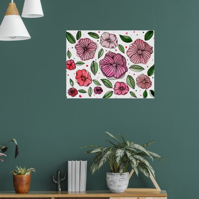 Vattenfärg och bläck-blommor - rosa och grönt poster (Vardagsrum 1)