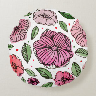 Vattenfärg och bläck-blommor - rosa och grönt rund kudde