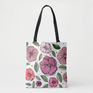 Vattenfärg och bläck-blommor - rosa och grönt tygkasse