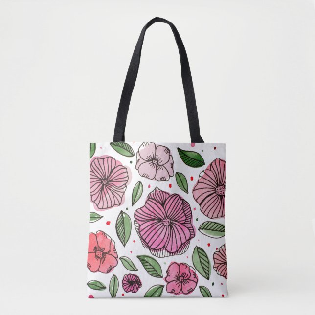 Vattenfärg och bläck-blommor - rosa och grönt tygkasse (Framsida)