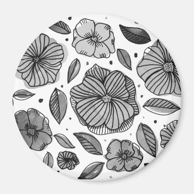 Vattenfärg och bläck-blommor - svart och vitt magnet (Framsidan)