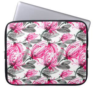 Vattenfärg och bläck illustration av röd blomma me laptop fodral