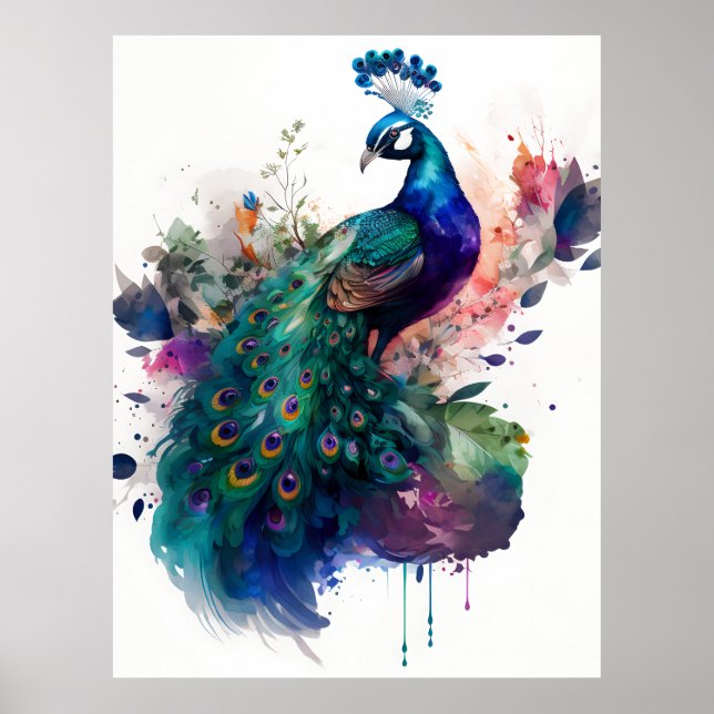 Vattenfärg och Bläck Peacock Poster (Framsidan)