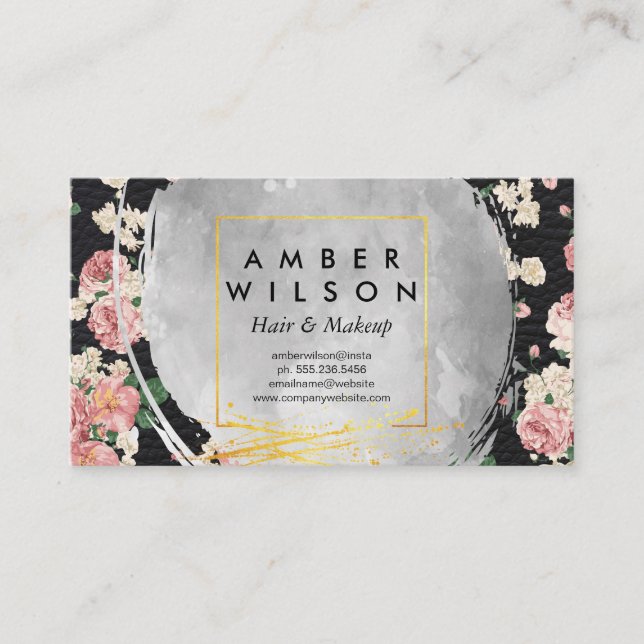 Vattenfärg och Elegant Blommigt Guldfärgsblad Visitkort (Framsida)