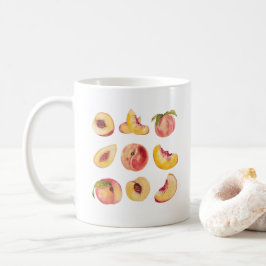 Vattenfärg och färglösa färska persikoskivor. kaffemugg
