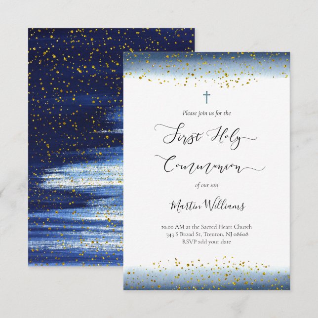 vattenfärg och FAUX-folie conetti First Communion Inbjudningar (Fram/baksida)
