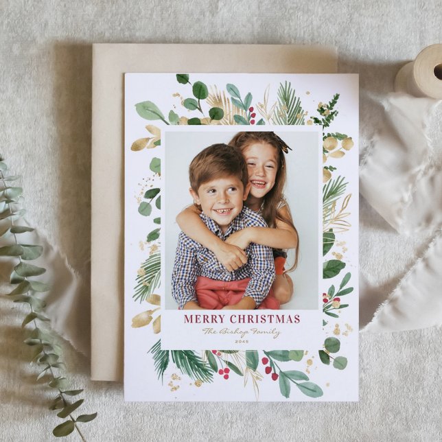 Vattenfärg och Foil Winter Greenery Photo jul Helgkort (Watercolor and Faux Gold Foil Winter Greenery Photo Merry Christmas Card)
