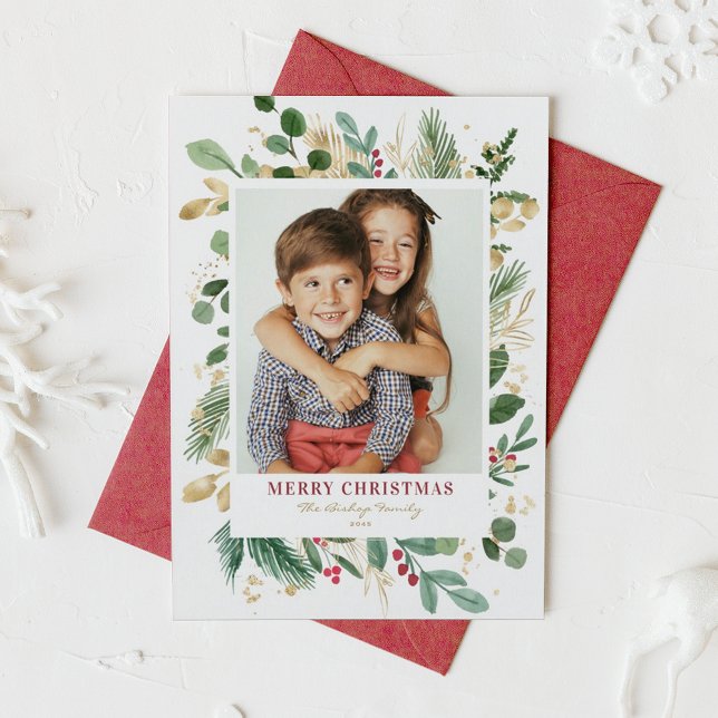 Vattenfärg och Foil Winter Greenery Photo jul Julkort (Watercolor and Faux Gold Foil Winter Greenery Photo Merry Christmas Card)