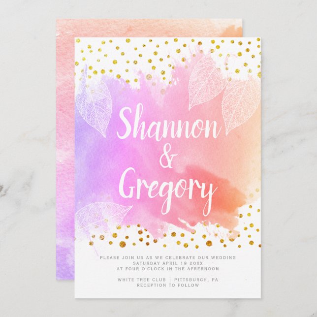 Vattenfärg och guld konetti-typografi bröllop inbjudningar (Fram/baksida)